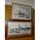 Framed print of the Thames with Houses of Parliament by KLITZ, framed watercolour of a country