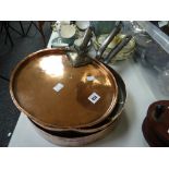 A pair of antique copper pans, one with lid & impressed marks Condition reports are provided on