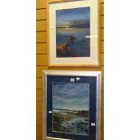 Two framed modern pastel paintings by SALLY PEARCE with titles verso & a small topographical print