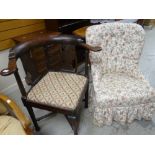 An unusual smoker's bow-type corner chair with tapestry seat & a buttoned floral upholstery spoon