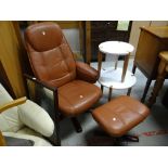 A tan leather swivel armchair, foot stool, two circular tables & a mirror Condition reports are