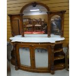 An antique marble top mirror-back sideboard having carved finial & spiral carved supports, 175cms