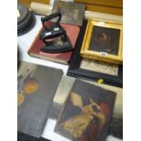 A parcel of antique items including oil paintings, pair of flat irons, an ivorine panel ETC