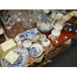 A blue & white jug, three copper lustre jugs, Wedgwood mugs & mixed tableware Condition reports