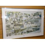 A DAVID KNIGHT print on linen of busy St Ives showing The Lugger Inn & various boats & figures