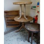 A parcel of three wooden tables together with a small bookshelf