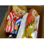 A soft toy parrot, a Merrythought soft-toy clown ETC Condition reports are provided on request by