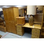 Suite of modern pine furniture including double wardrobe, dressing table, open bookcase ETC