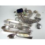 A quantity of mixed silver including flatware, jewellery, salts with Bristol blue glass liner ETC