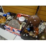 Three boxes of mixed items including pottery, glassware, brasses ETC Condition reports are