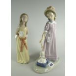 A Lladro figure of a young girl pulling a doll in a cart & another Condition reports are provided on
