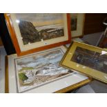 Framed pastel coastal scene, framed watercolour primitive domestic scene & a framed mixed media of