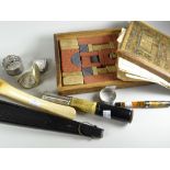 A parcel of collectables including fountain pen, Victorian German building block puzzle, vesta