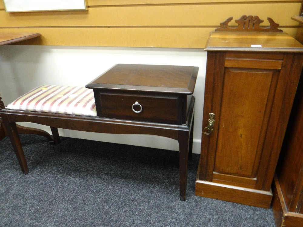 A narrow antique mahogany nightstand together with a Stag Minstrel telephone seat Condition