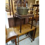 A square top table with carved frieze, a brass jam pan, a small table ETC Condition reports are