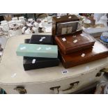 Two vintage suitcases, a vintage polished mantel clock, Masonic apron & cased cutlery ETC