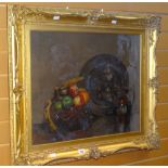 Framed & glazed oil painting of a still life of fruit & a copper lustre jug, pewter charger in an