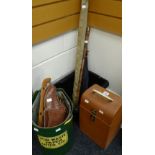 A pair of vintage ice skates, a fishing rod & a canvas case, picnic case ETC Condition reports are