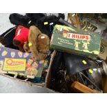 Two boxes of mixed items including old metal collectables, gaiters, soft toys ETC Condition