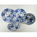 A pair of Chinese blue & white phoenix decorated dishes (damage to one), 16.5cms diam & a pair of