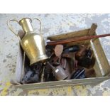 A crate of mixed items including cobbler's lasts, metalware ETC Condition reports are provided on