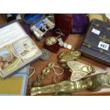 A parcel of collectables including brass items, playing cards and dispenser, old frame ETC Condition