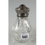 A fine quality pear-shaped scent bottle having a silver coronet hinging lid and the glass body