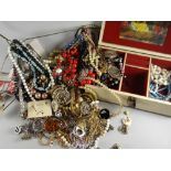 A quantity of costume beads & other jewellery together with a modern jewellery box Condition reports