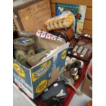 A quantity of mixed old collectables including vintage tins, old telephone, clocks ETC Condition