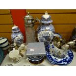 A tray of collectables including a decorative decanter, Chinese vases & plates ETC