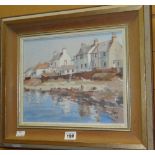 WARREN STOREY oil on canvas laid to board - coastal houses entitled verso 'Port William Galloway',