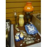 A vintage oil lamp, a pottery tureen, loose cutlery ETC Condition reports are provided on request by