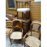 Five sundry chairs including two with rush seats, one carved corner elbow chair & a spoon back chair