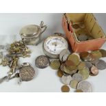 A parcel of loose coinage, pocket barometer, parcel of pocket watch keys ETC Condition reports are