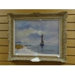 GERALD EDWARD ROBIN TUCKER oil on board - sailing ship just off the shore, signed, 41 x 54cms
