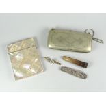 A mother-of-pearl tiled floral decorated card case, an EPNS clutch purse, vintage fruit knife,