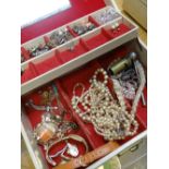 A mid-twentieth century jewellery box & contents including costume & gold jewellery including cameo,