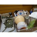 Two boxes of mixed china, a box of glass bottles & metalware, fishing items ETC Condition reports