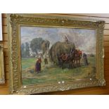 MAX KROMBACH (1867-1947) oil on canvas - large painting of a harvest scene with two bridle