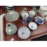 A parcel of Oriental pottery & china including crackle glazed vase, pair of blue & white chimney