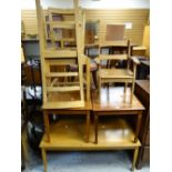 Long John coffee table, two square topped coffee tables & three chairs Condition reports are