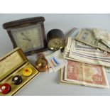 A parcel of small collectables including travel clock, drum-type timepiece ETC Condition reports are