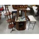 A charming joined wood stool, folding mahogany cake stand, two further stools Condition reports