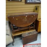 An antique chair (distressed), drop leaf table, Long John coffee table & item of luggage Condition