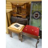 A nest of three oak coffee tables, a vintage tea trolley, nest of three tables, piano stool ETC