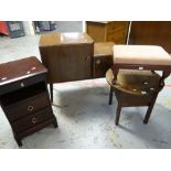 A circular-top table, footstool, Stag Minstrel bedside chest, a record cabinet etc Condition reports