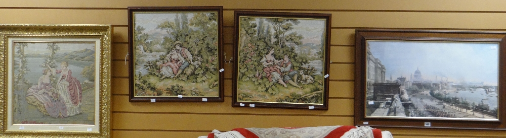 A framed tapestry in a reproduction gilt frame, pair of romantic tapestries & a print of old