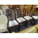 Four antique splat-back dining chairs with drop-in seats together with a vintage loom bedroom