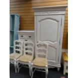 A French-style painted armoire together with three similar style rush seated chairs & narrow chest