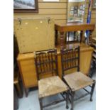 An antique mahogany wash basin table, a wooden military artillery box & two rush seated chairs